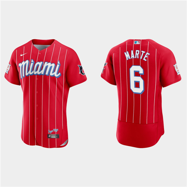 Men's Miami Marlins #6 Starling Marte Red 2021 City Connect Flex Base Stitched Jersey